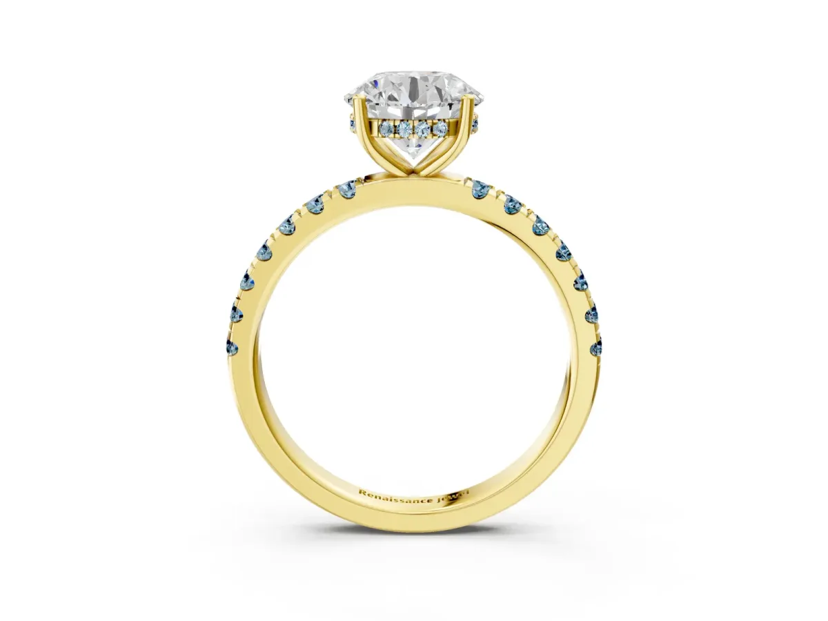 Round Cut Diamond Pave Band Solitaire Ring with Round Aquamarine and Prong Setting Yellow gold