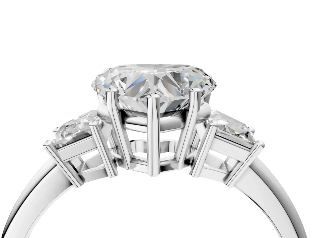 Heart Cut Diamond Three-Stone Ring with Trapezoid Side Stones and Prong Setting Silver