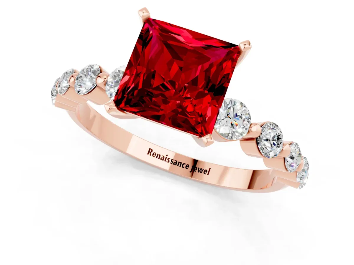Princess Cut Solitaire Ruby Ring with Pave Band and Four-Prong Setting Rose gold