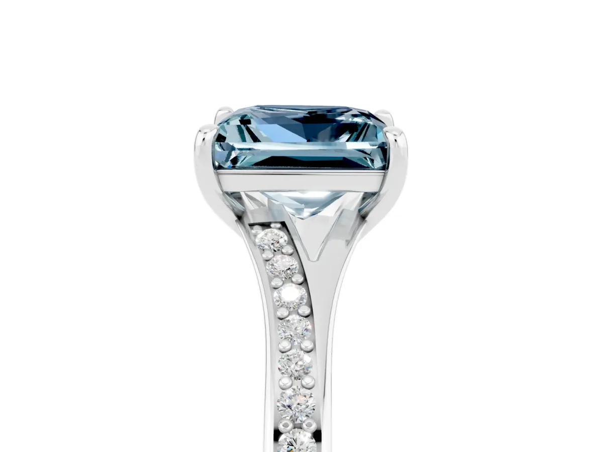 Princess Cut Aquamarine Solitaire Ring with Pavé Band and Prong Setting Silver