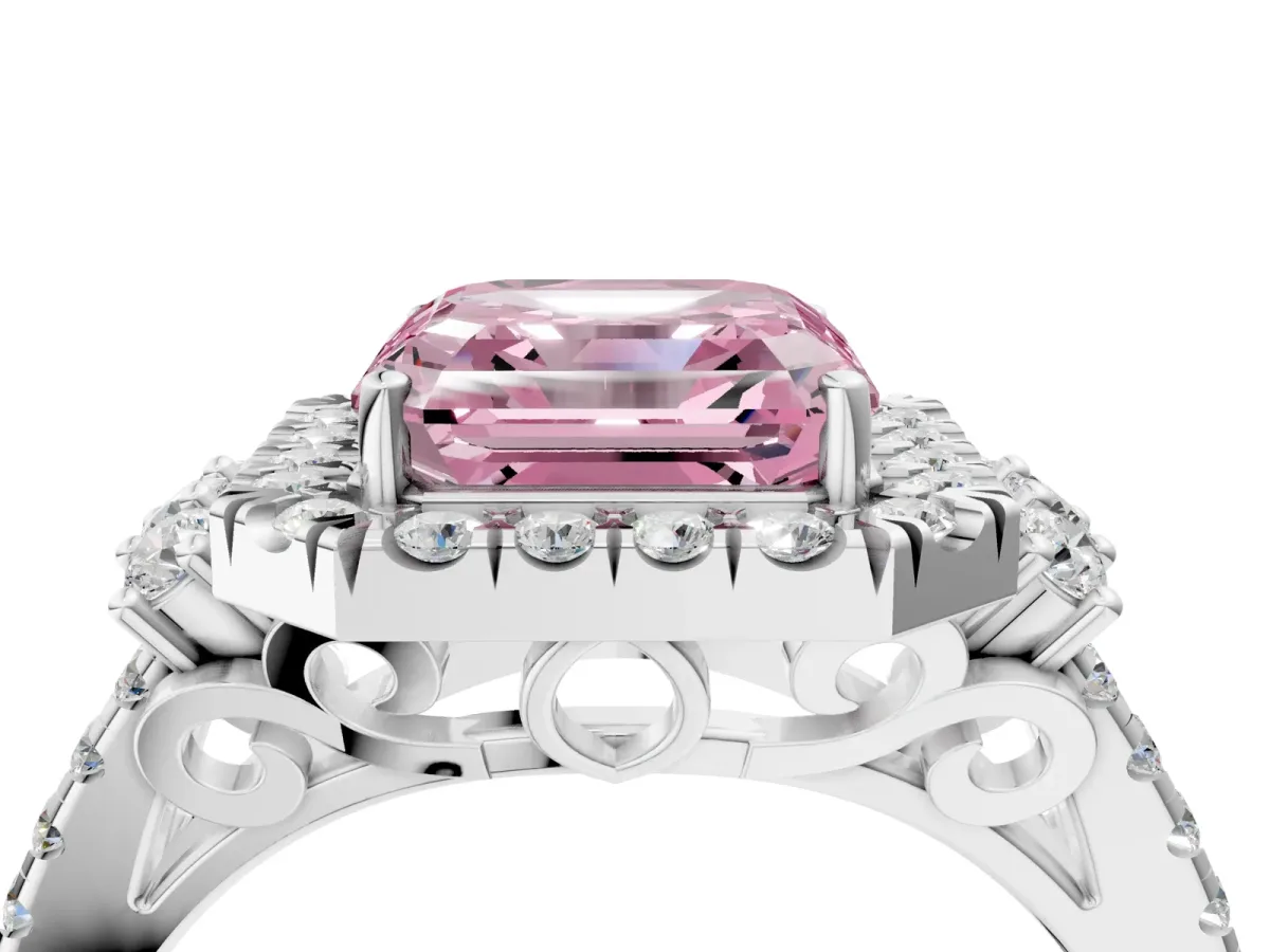 Fancy Pink Asscher Cut Cut Double Halo Diamond Engagement Ring with Pave Band and Four-Prong Setting Platinum
