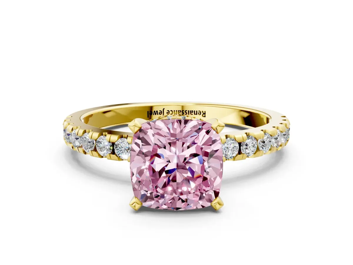 Fancy Pink Cushion Cut Diamond Solitaire Ring with Round Pavé Band and Four-Prong Setting Yellow gold