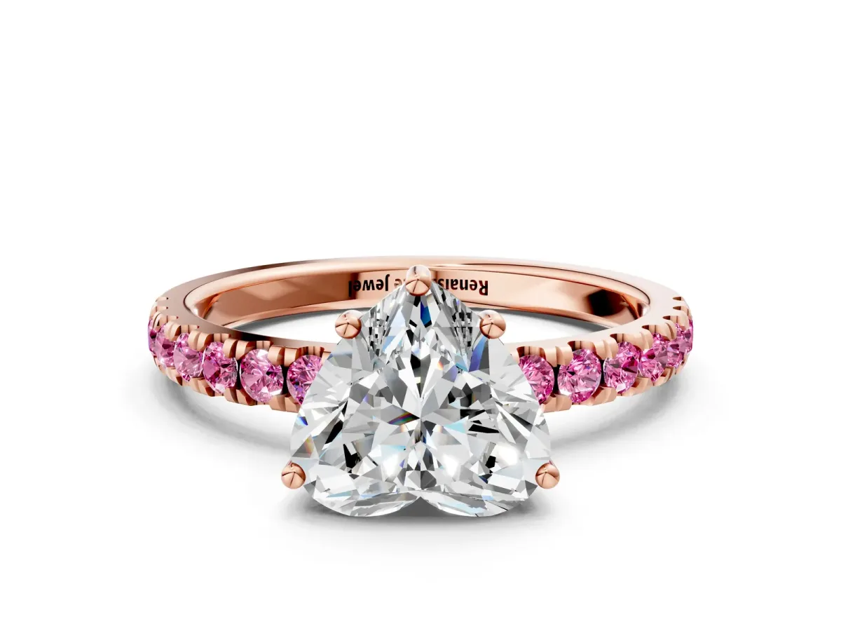 Heart Cut Diamond Pave Band Solitaire Ring with Round Pink Sapphire and Prong Setting Rose gold