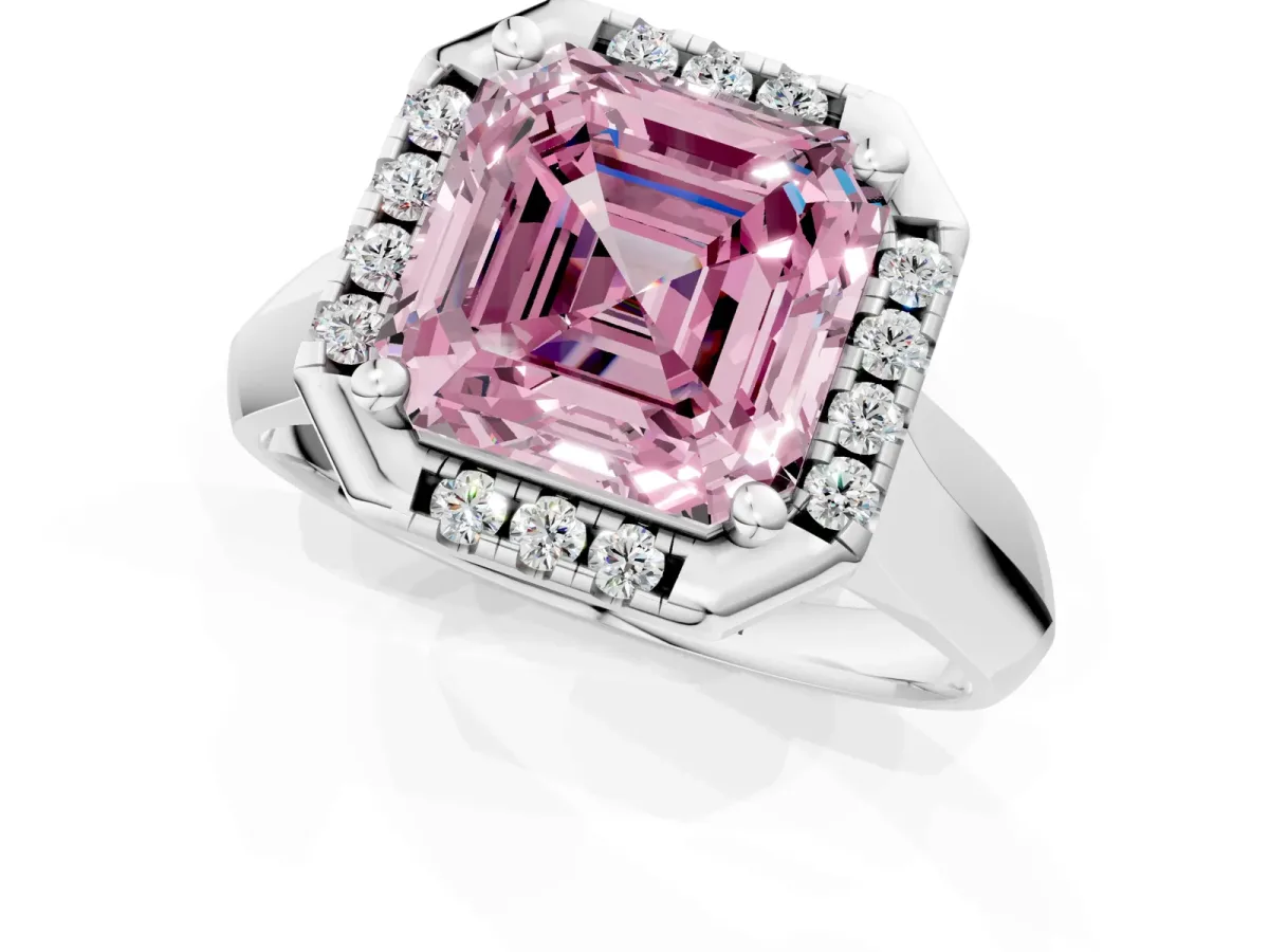 Fancy Pink Asscher Cut Cut Halo Solitaire Engagement Ring with Square Band and Four-Prong Setting White gold