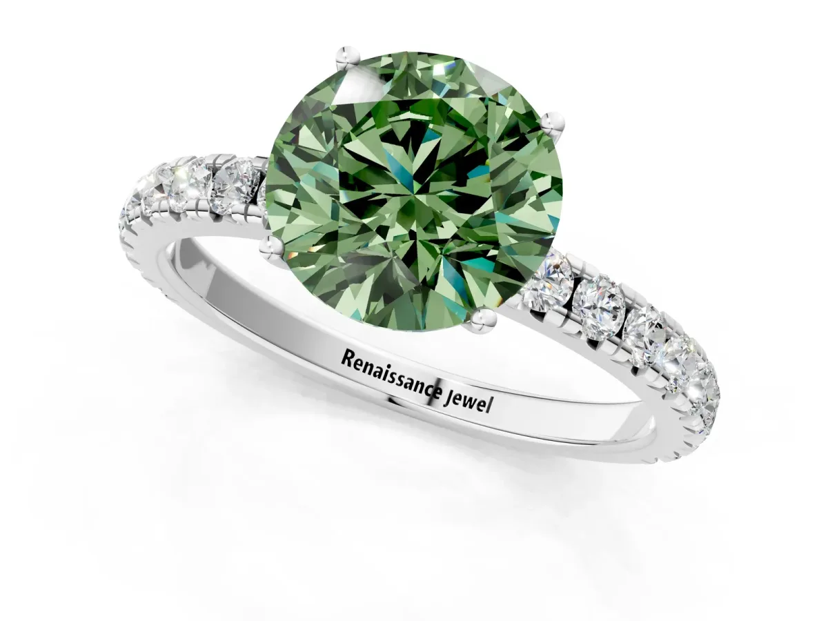 Fancy Green Round Cut Diamond Pavé Solitaire Engagement Ring with Four-Prong Setting Silver