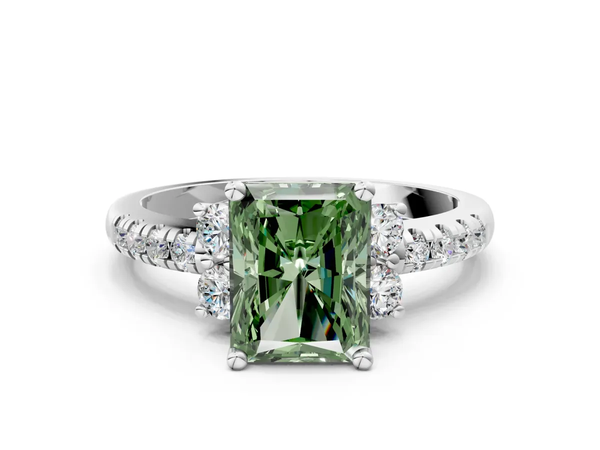 Fancy Green Radiant Cut Diamond Three-Stone Pave Band with Four-Prong Setting Platinum