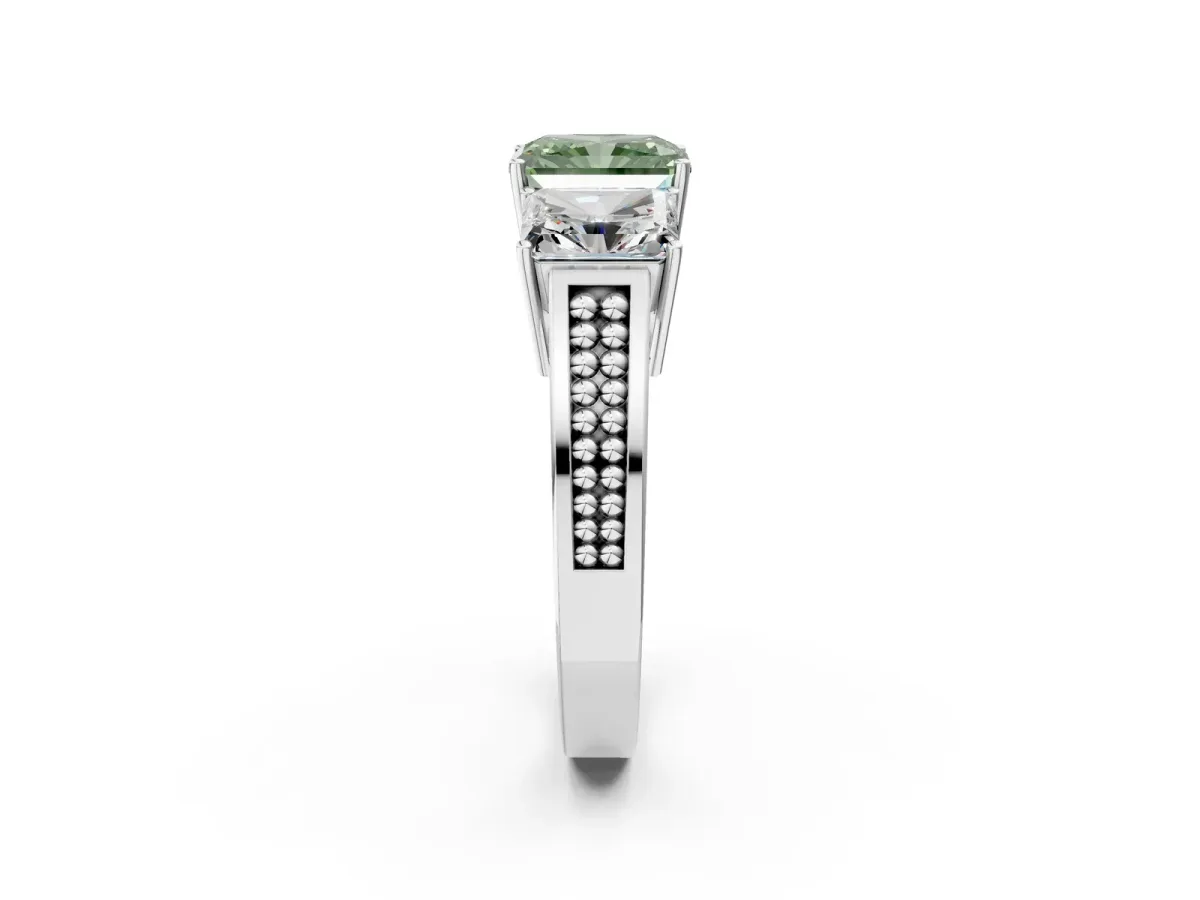 Fancy Green Radiant Cut Diamond Three-Stone Ring with Prong Setting and Textured Band Platinum