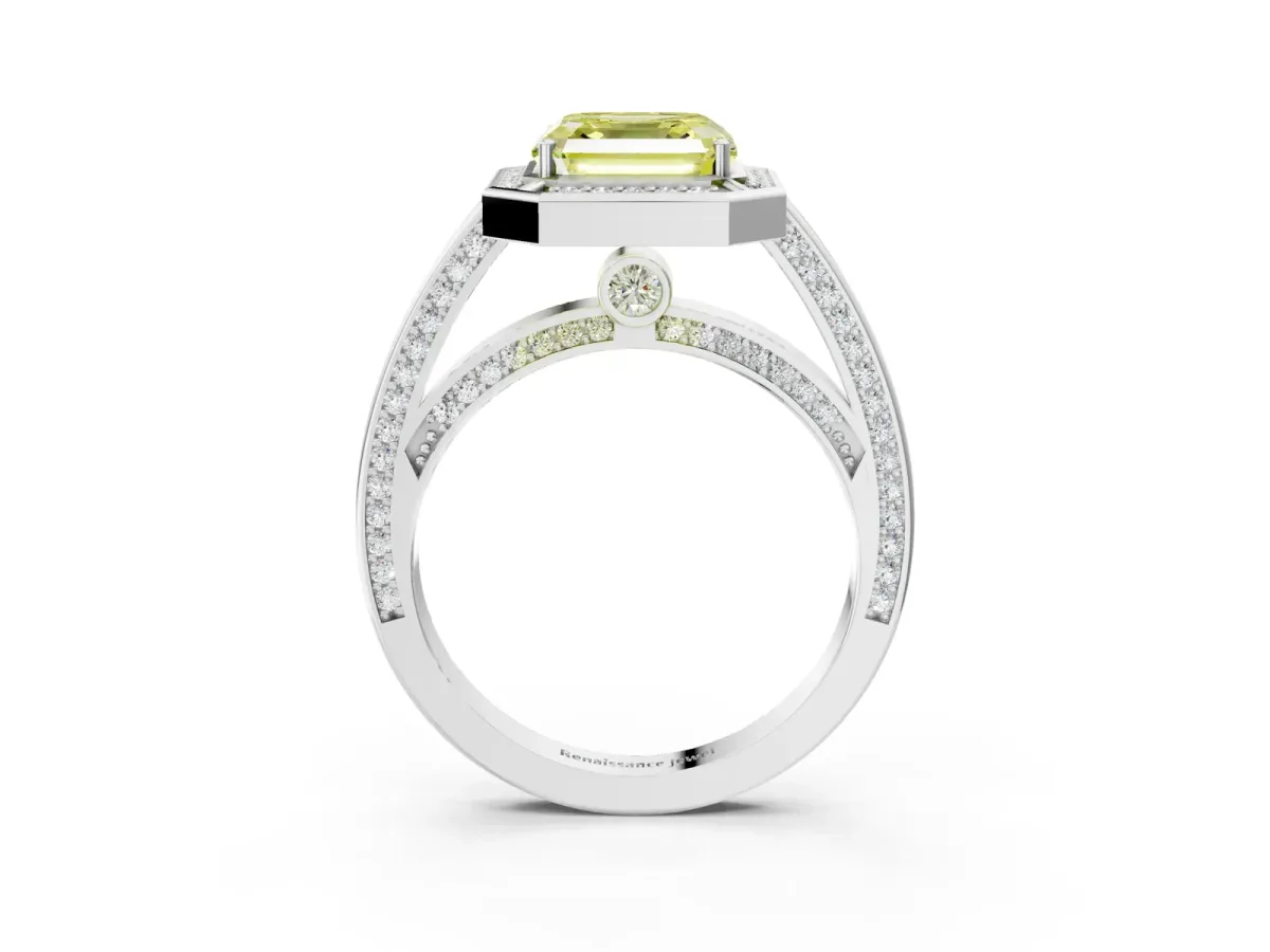 Fancy Yellow Asscher Cut Cut Halo Pave Split Shank Prong Setting Ring Platinum