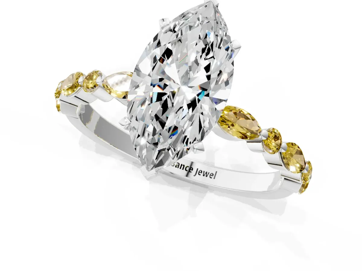 Marquise Cut Diamond Ring with Marquise and Round Yellow Sapphire Side Stones and Four-Prong Setting Platinum
