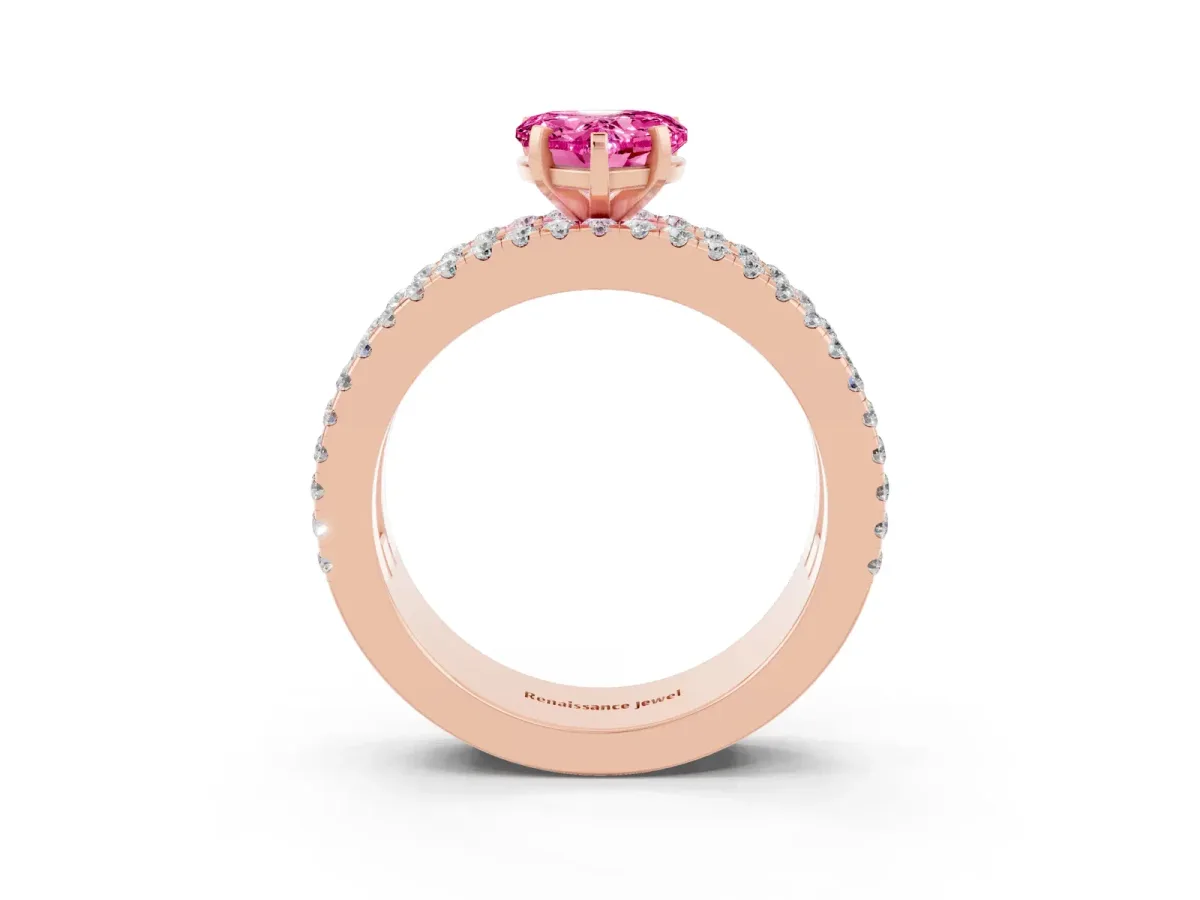 Heart Cut Pink Sapphire Solitaire Ring with Pavé and Channel Set Band Rose gold