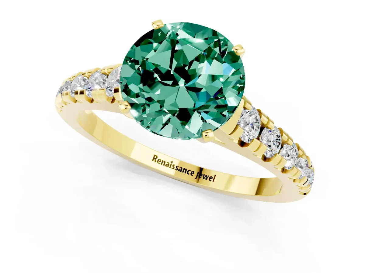 Round Cut Green Sapphire Cathedral Solitaire Ring with Round Pavé Band Yellow gold