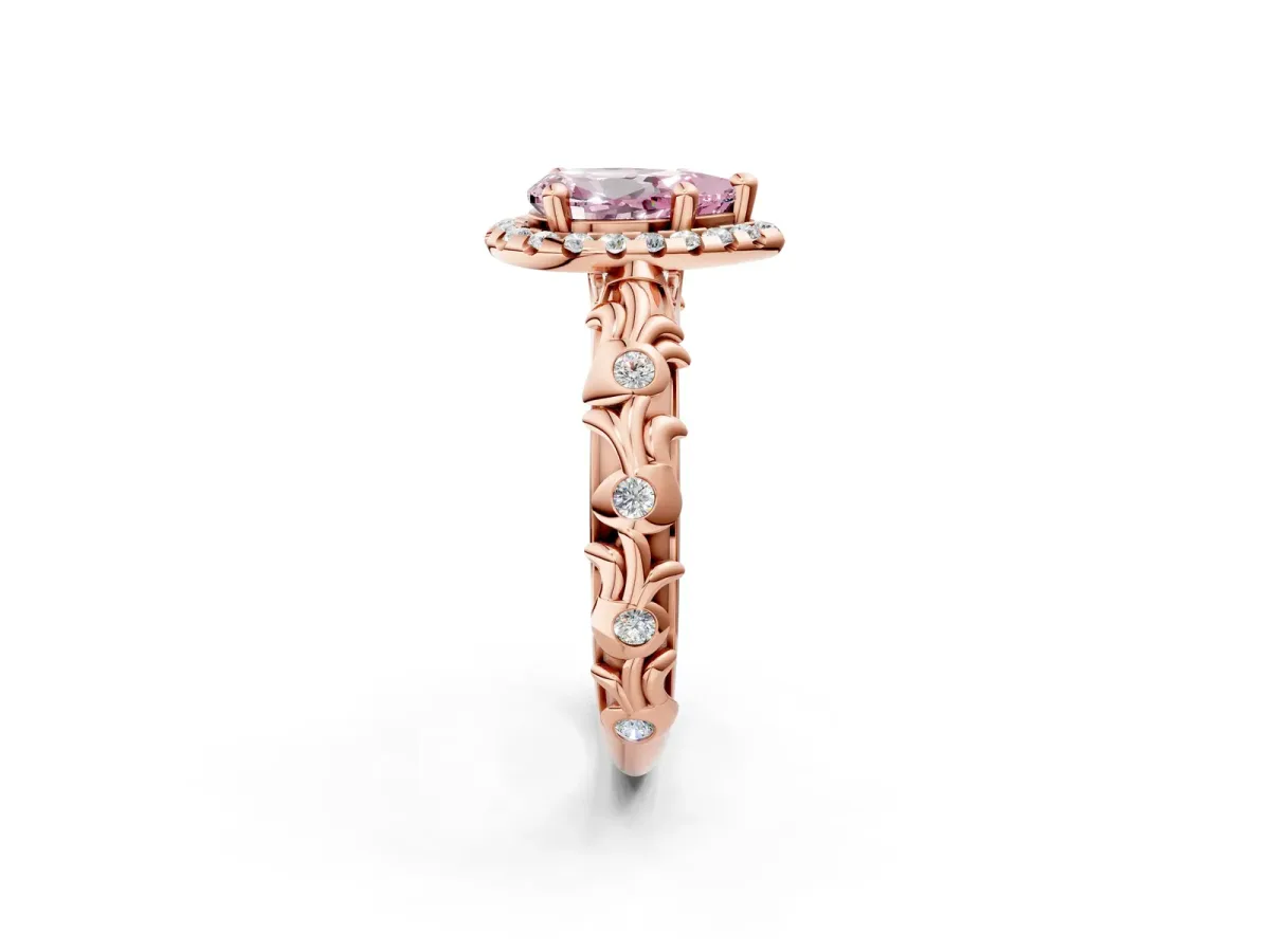 Fancy Pink Pear Cut Diamond Halo Ring with Filigree Band and Prong Setting Rose gold