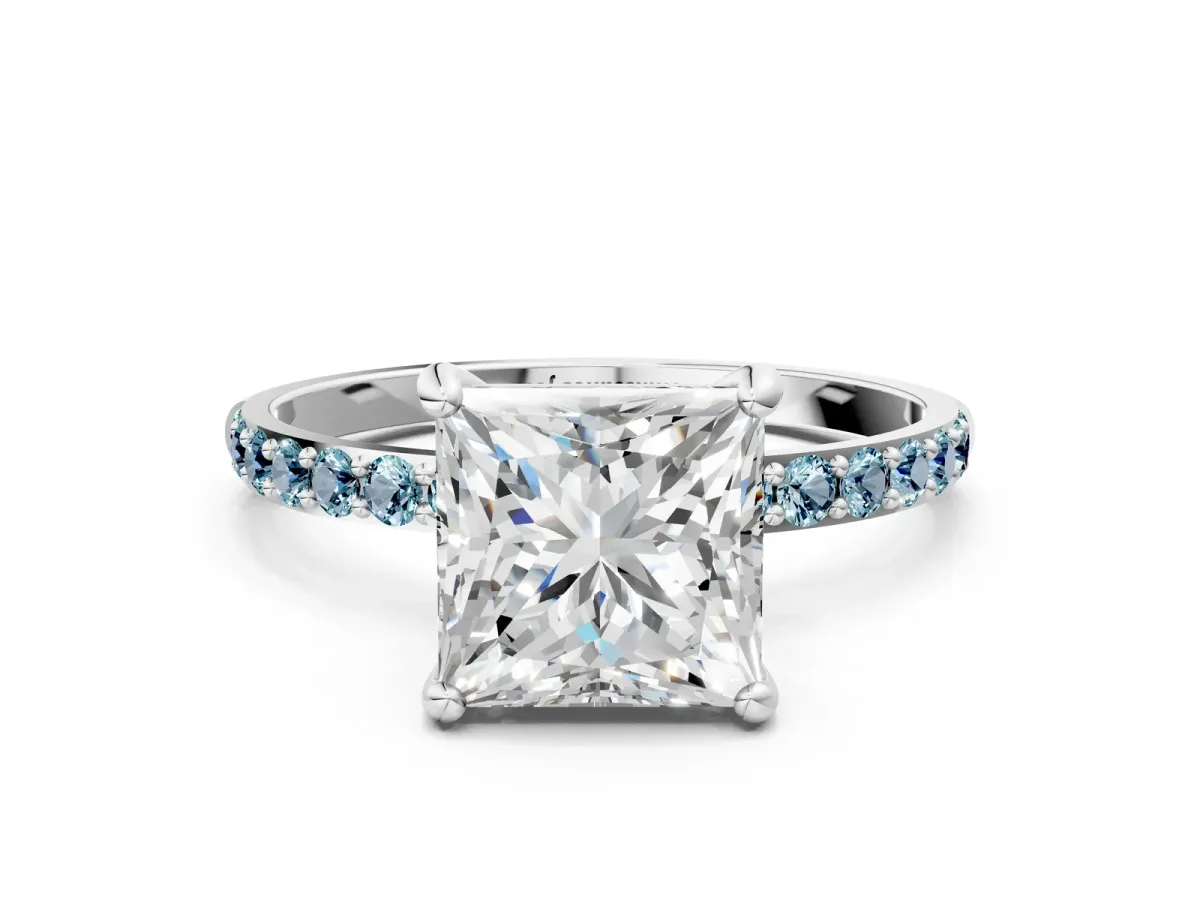 Princess Cut Diamond Solitaire Ring with Round Aquamarine Pavé Band and Prong Setting White gold