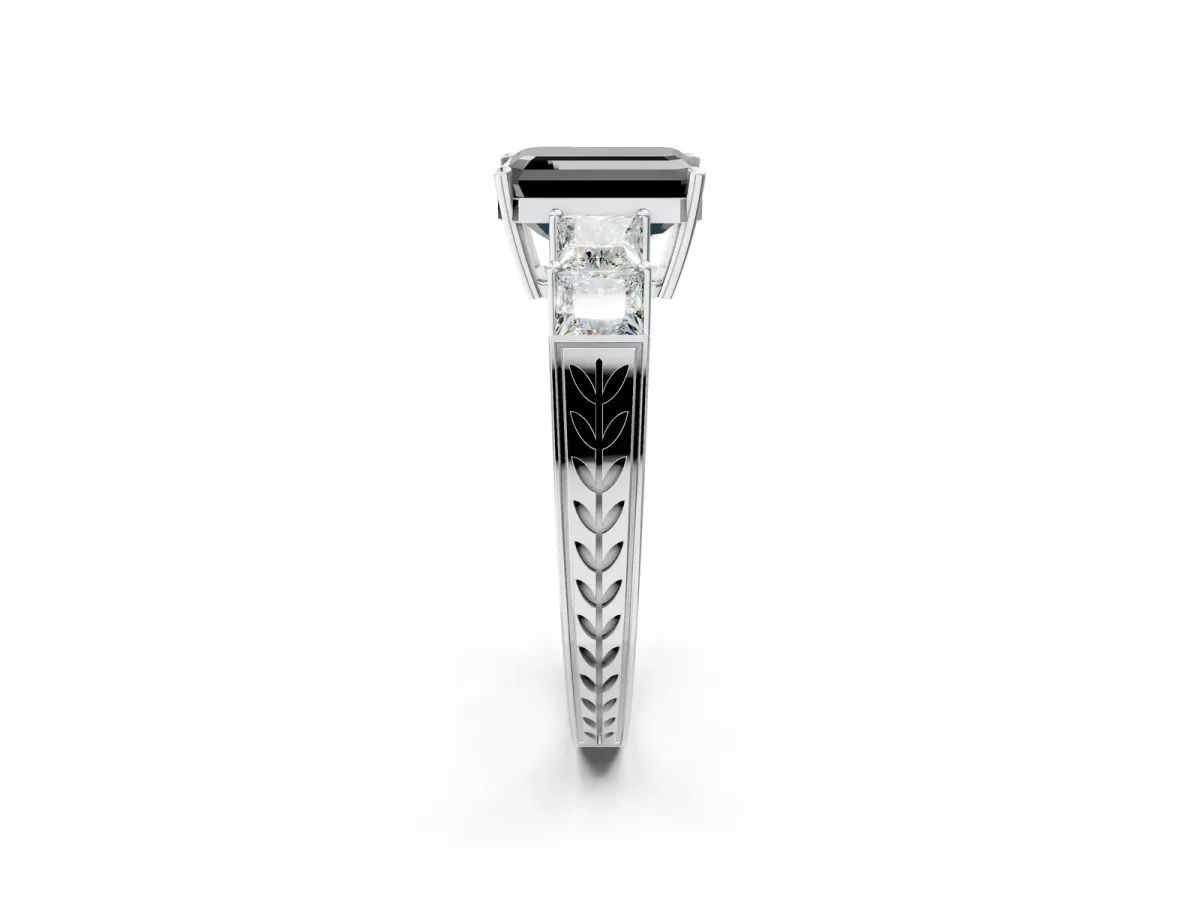 Fancy Black Emerald Cut Solitaire Princess Side Stone Engraved Band Prong Setting Ring White gold
