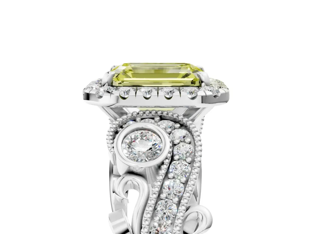 Fancy Yellow Emerald Cut Diamond Halo Ring with Milgrain Pavé Band and Four-Prong Setting White gold