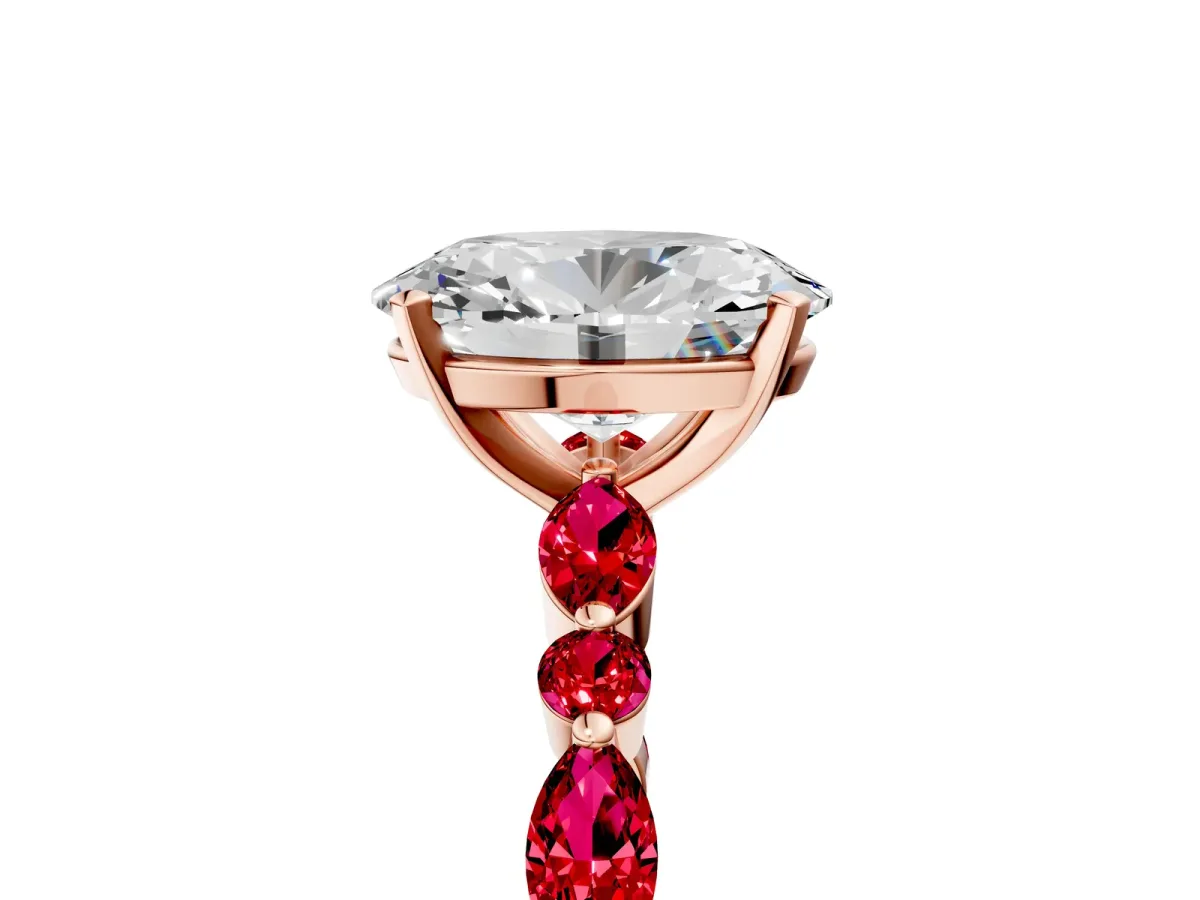 Oval Cut Diamond Ring with Marquise and Round Ruby Side Stones and Four-Prong Setting Rose gold