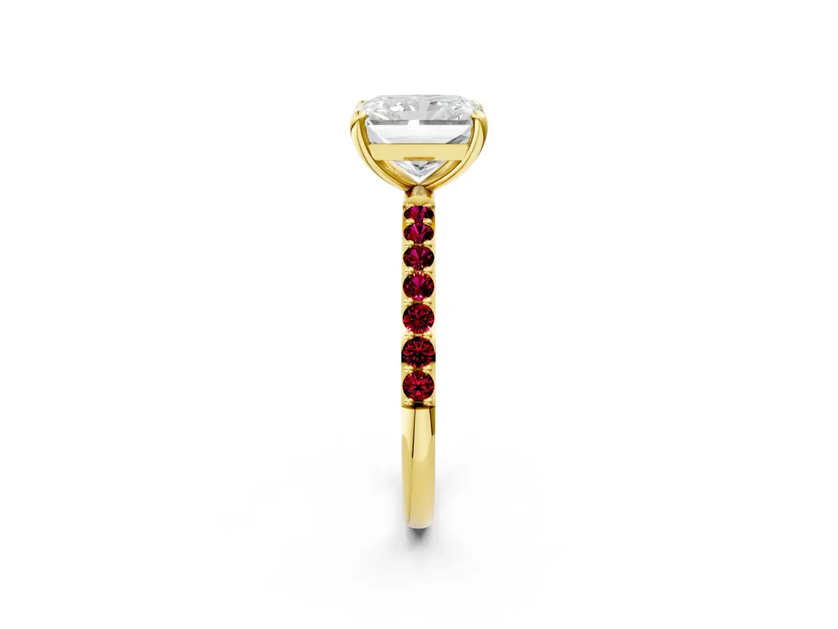 Radiant Cut Diamond Solitaire Ring with Round Garnet Pavé Band and Prong Setting Yellow gold