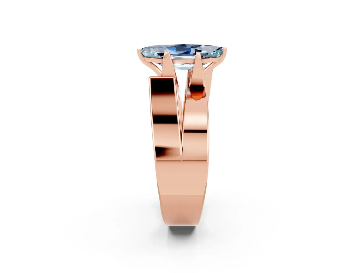 Modern Tension Set Marquise Cut Aquamarine Solitaire Wide Band Ring Rose gold