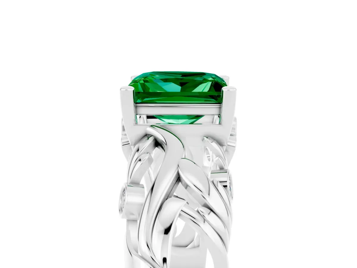 Princess Cut Solitaire Emerald Leaf-Inspired Vine Band Ring with Prong Setting White gold