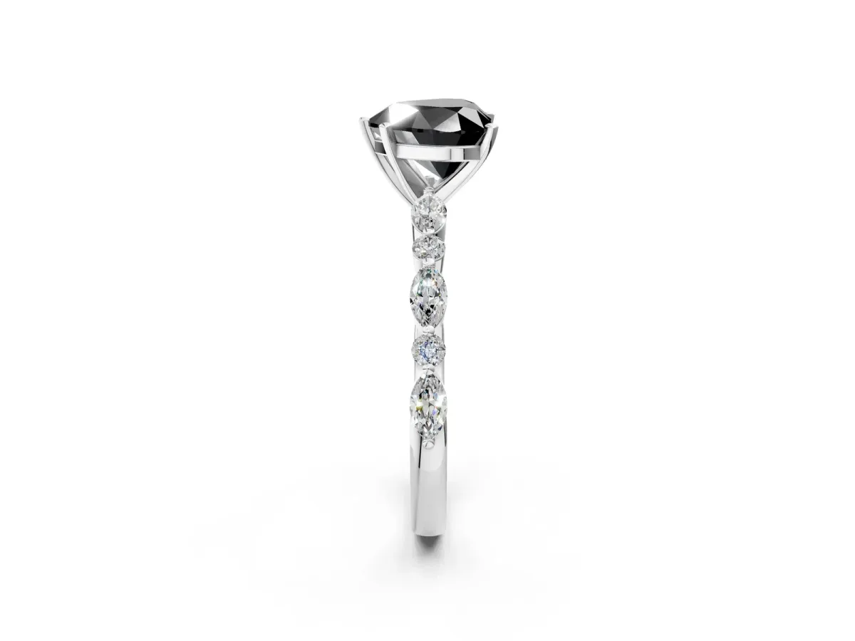 Fancy Black Heart Cut Diamond Ring with Marquise and Round Side Stones and Four-Prong Setting White gold