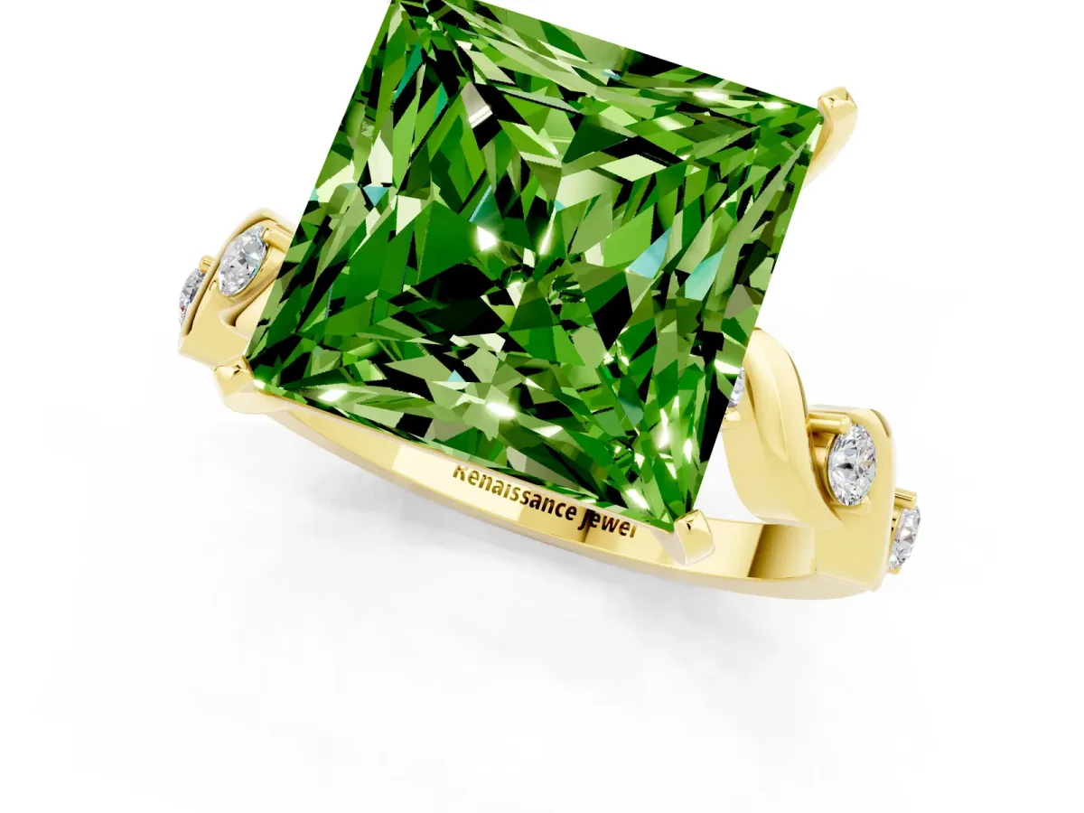 Princess Cut Peridot Solitaire Twisted Band with Round Accents and Prong Setting Yellow gold