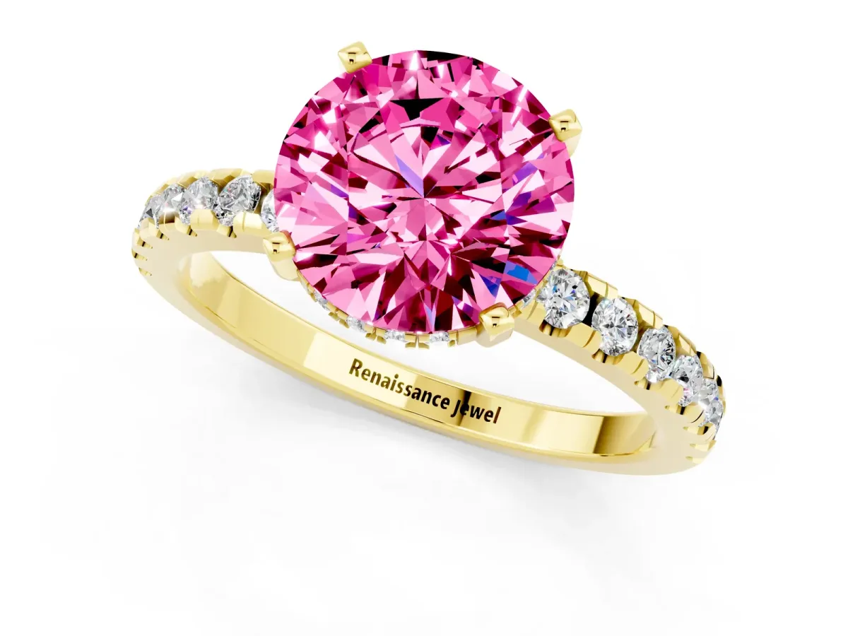 Round Cut Pink Sapphire Solitaire Ring with Round Pavé Band and Four-Prong Setting Yellow gold