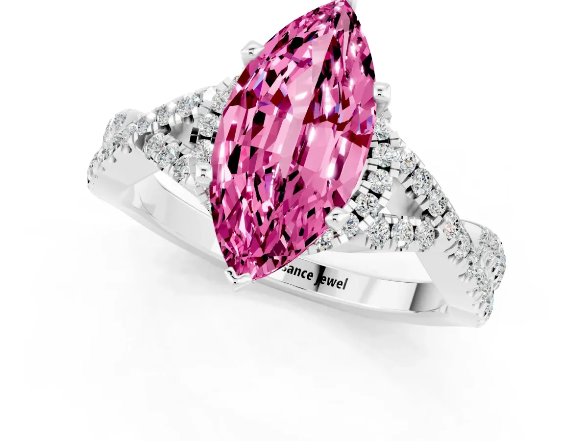 Marquise Cut Pink Sapphire Halo Twist Band Solitaire Prong Setting Ring White gold