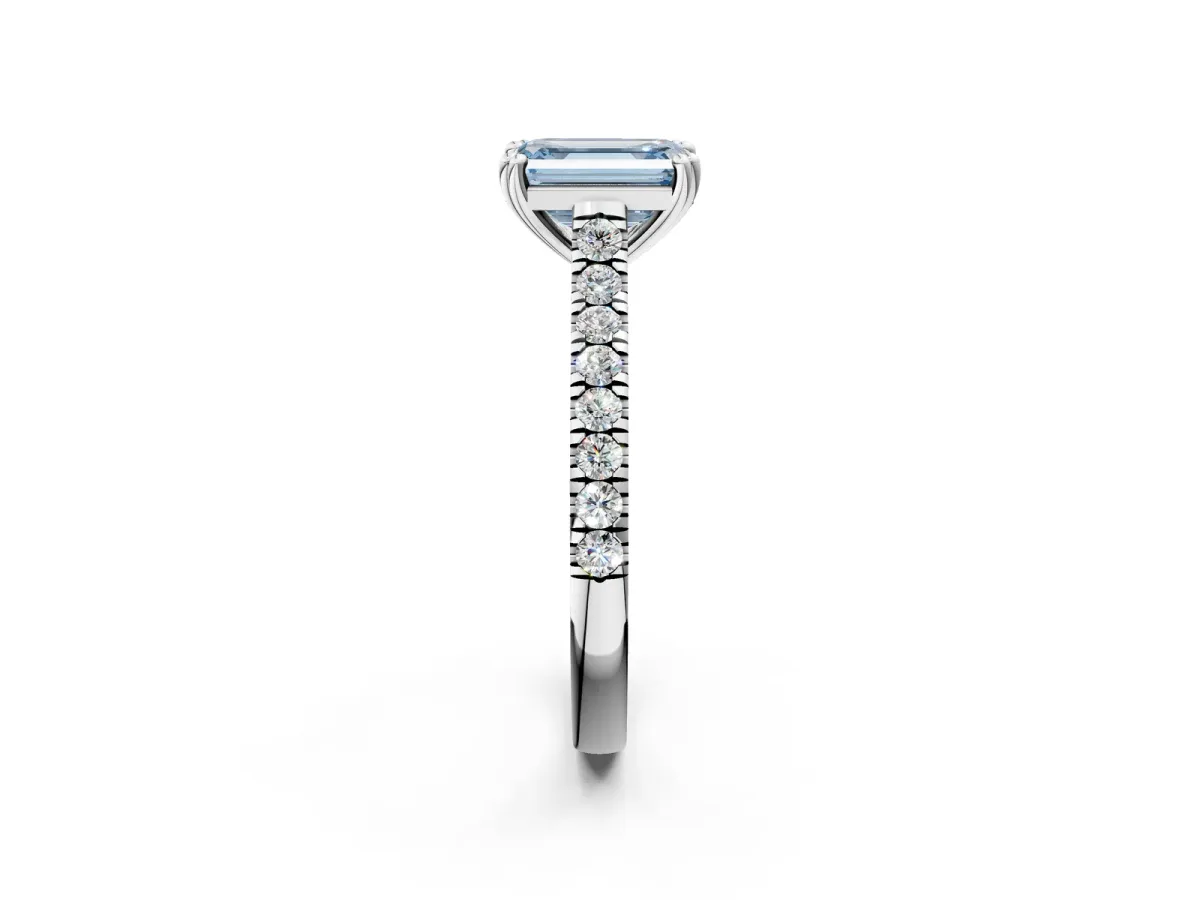 Fancy Blue Emerald Cut Solitaire Pave Diamond Engagement Ring with Prong Setting White gold