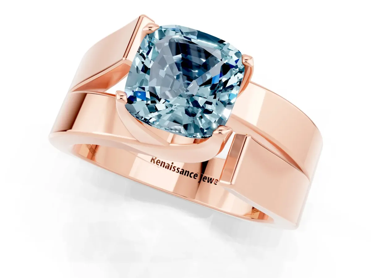 Modern Tension Set Cushion Cut Aquamarine Solitaire Wide Band Ring Rose gold