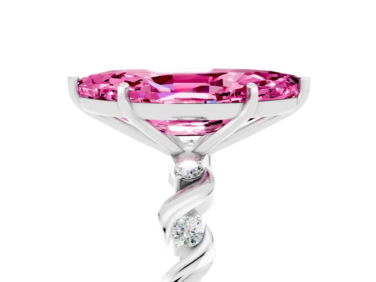 Marquise Cut Pink Sapphire Solitaire Twisted Band with Round Accents and Prong Setting Platinum