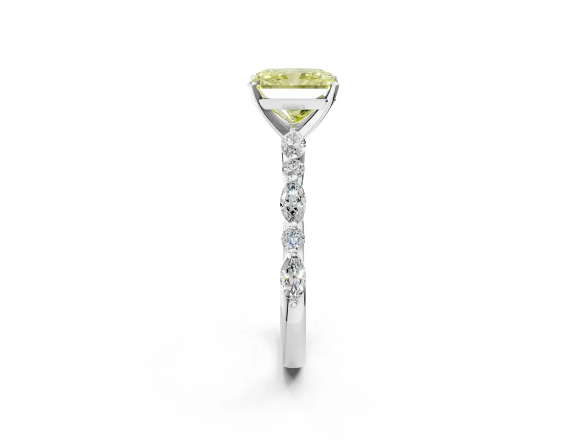 Fancy Yellow Radiant Cut Diamond Ring with Marquise and Round Side Stones and Four-Prong Setting White gold