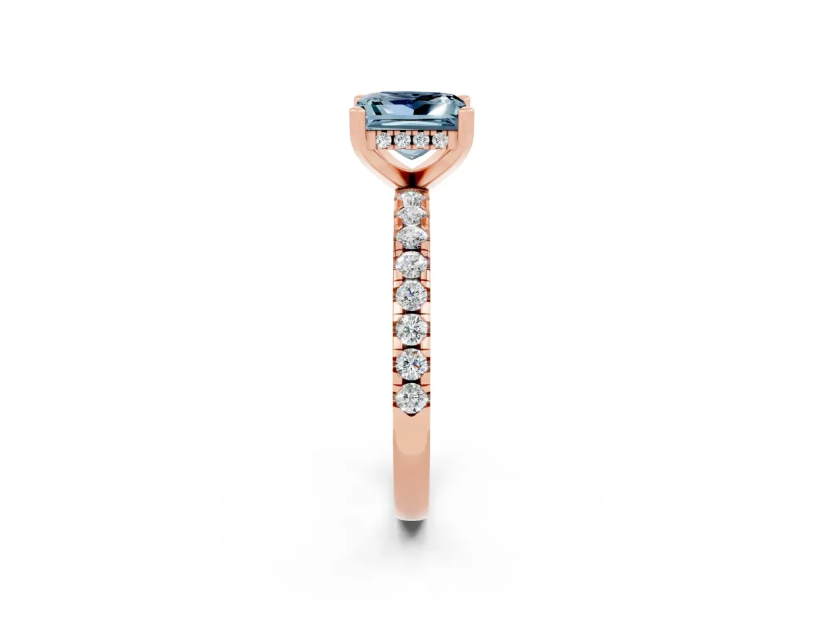 Princess Cut Aquamarine Solitaire Ring with Round Pavé Band and Four-Prong Setting Rose gold