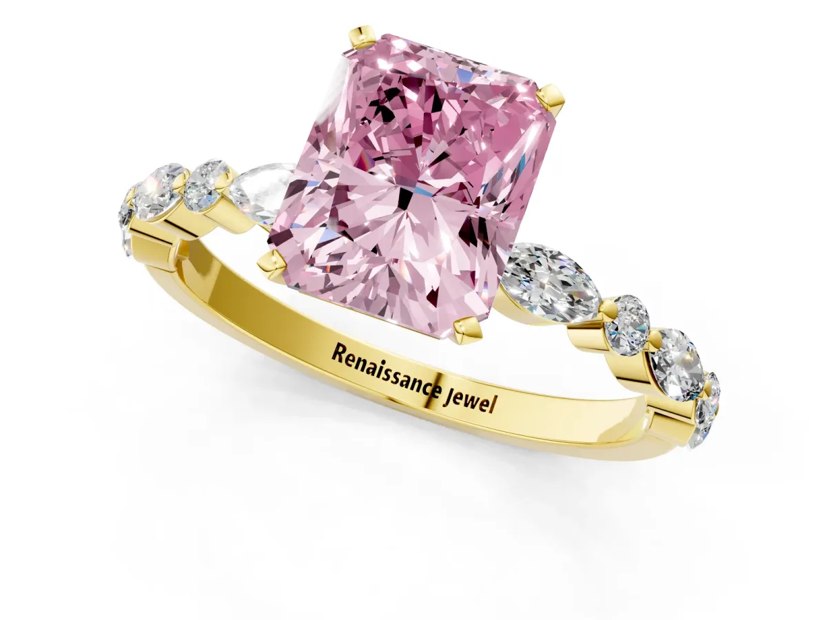 Fancy Pink Radiant Cut Diamond Ring with Marquise and Round Side Stones and Four-Prong Setting Yellow gold