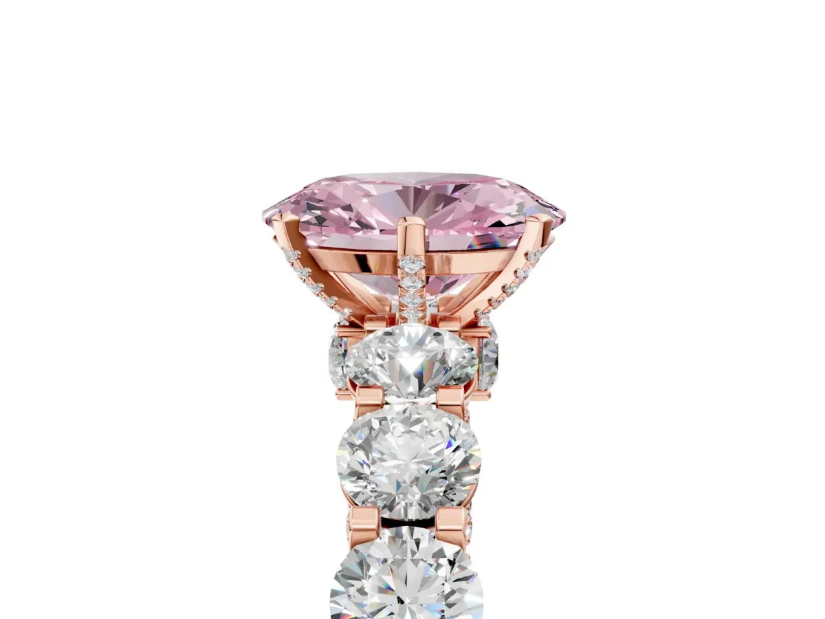 Fancy Pink Oval Cut Diamond Side Stone Engagement Ring with Four-Prong Setting Rose gold