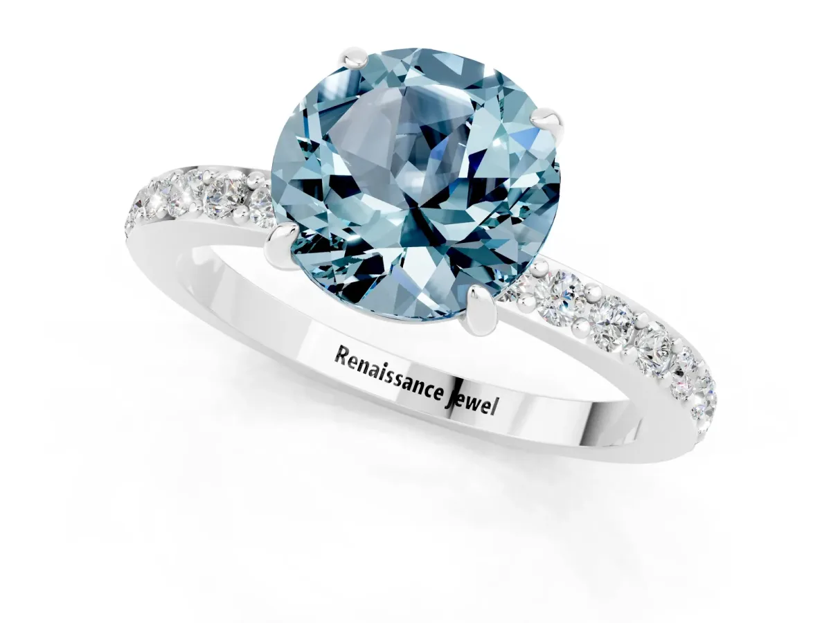 Round Cut Aquamarine Solitaire Engagement Ring with Pavé Band and Four-Prong Setting White gold