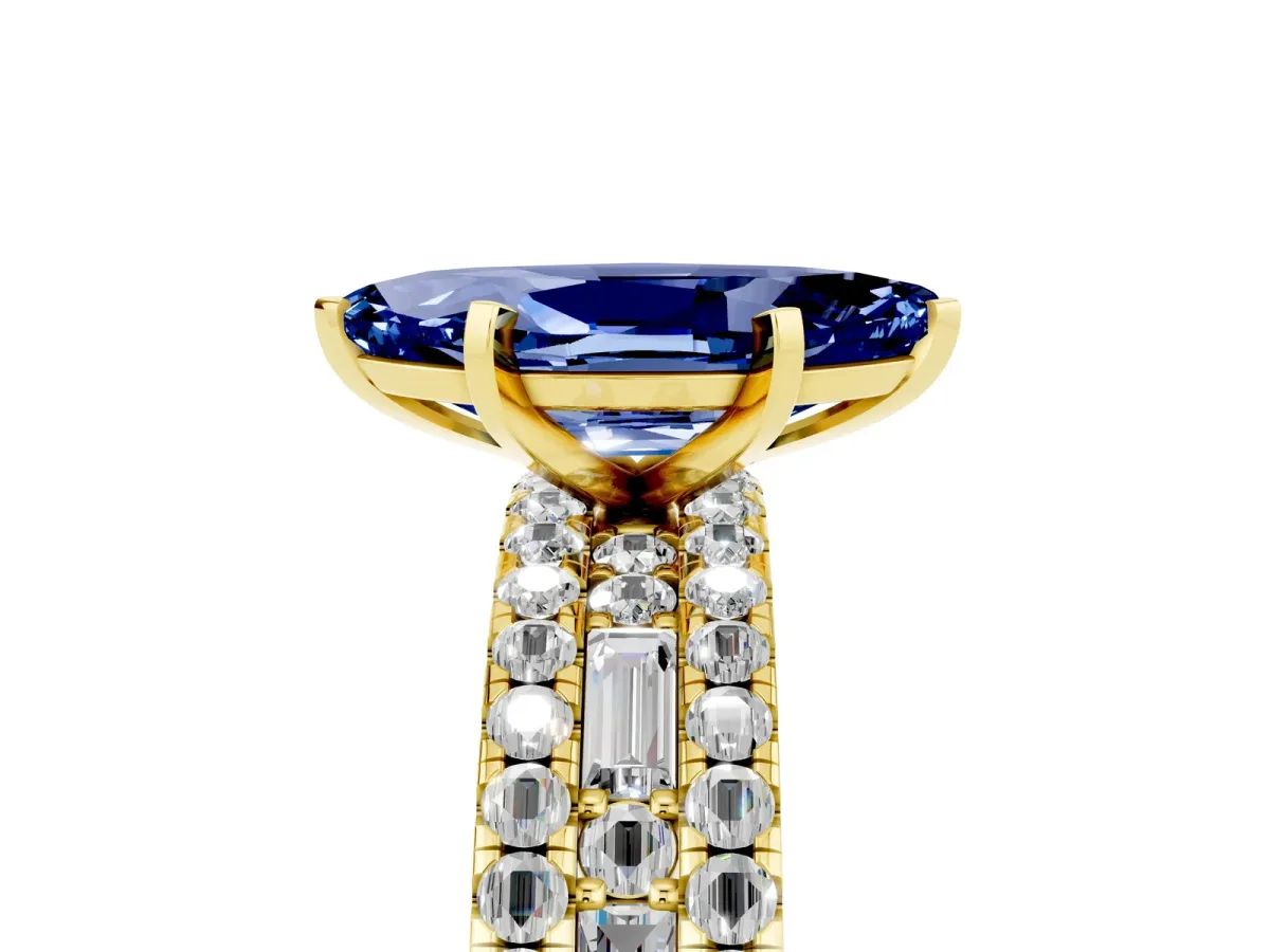 Marquise Cut Blue Sapphire Solitaire Ring with Pavé and Channel Set Band Yellow gold