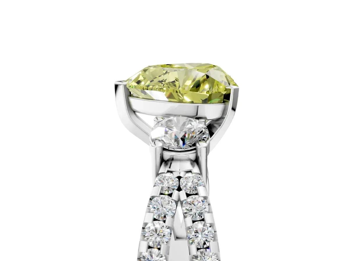 Fancy Yellow Heart Cut Diamond Three-Stone Ring with Pavé Split Shank and Four-Prong Setting White gold
