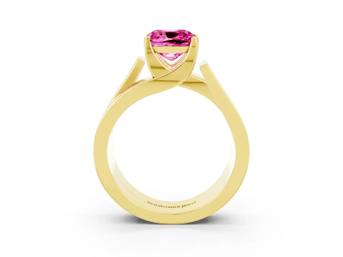 Modern Tension Set Cushion Cut Pink Sapphire Solitaire Wide Band Ring Yellow gold