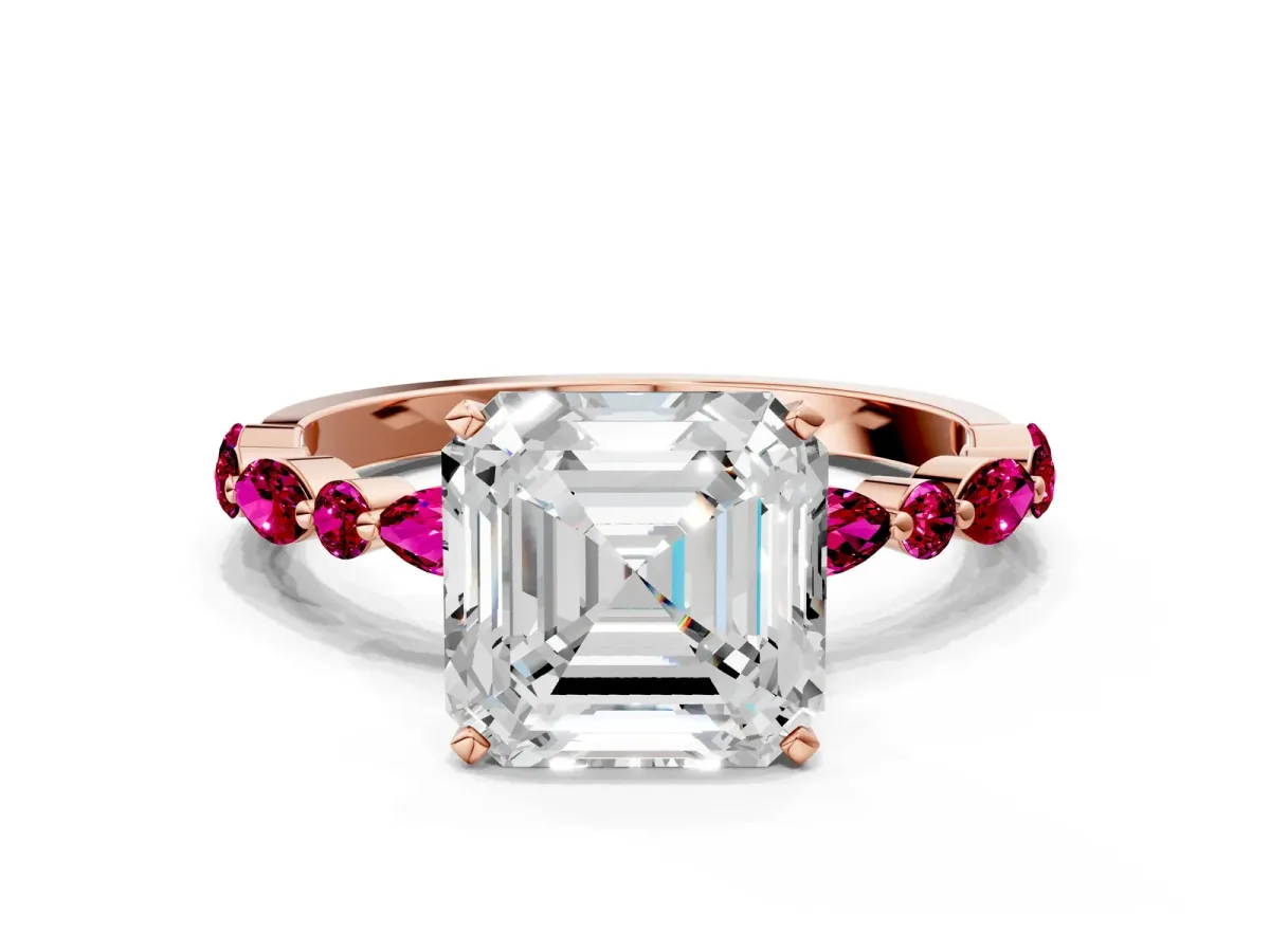 Asscher Cut Diamond Ring with Marquise and Round Garnet Side Stones and Four-Prong Setting Rose gold