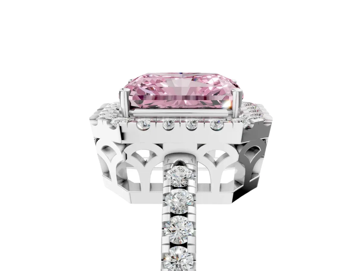 Fancy Pink Radiant Cut Halo Diamond Engagement Ring with Pavé Band and Four-Prong Setting Platinum
