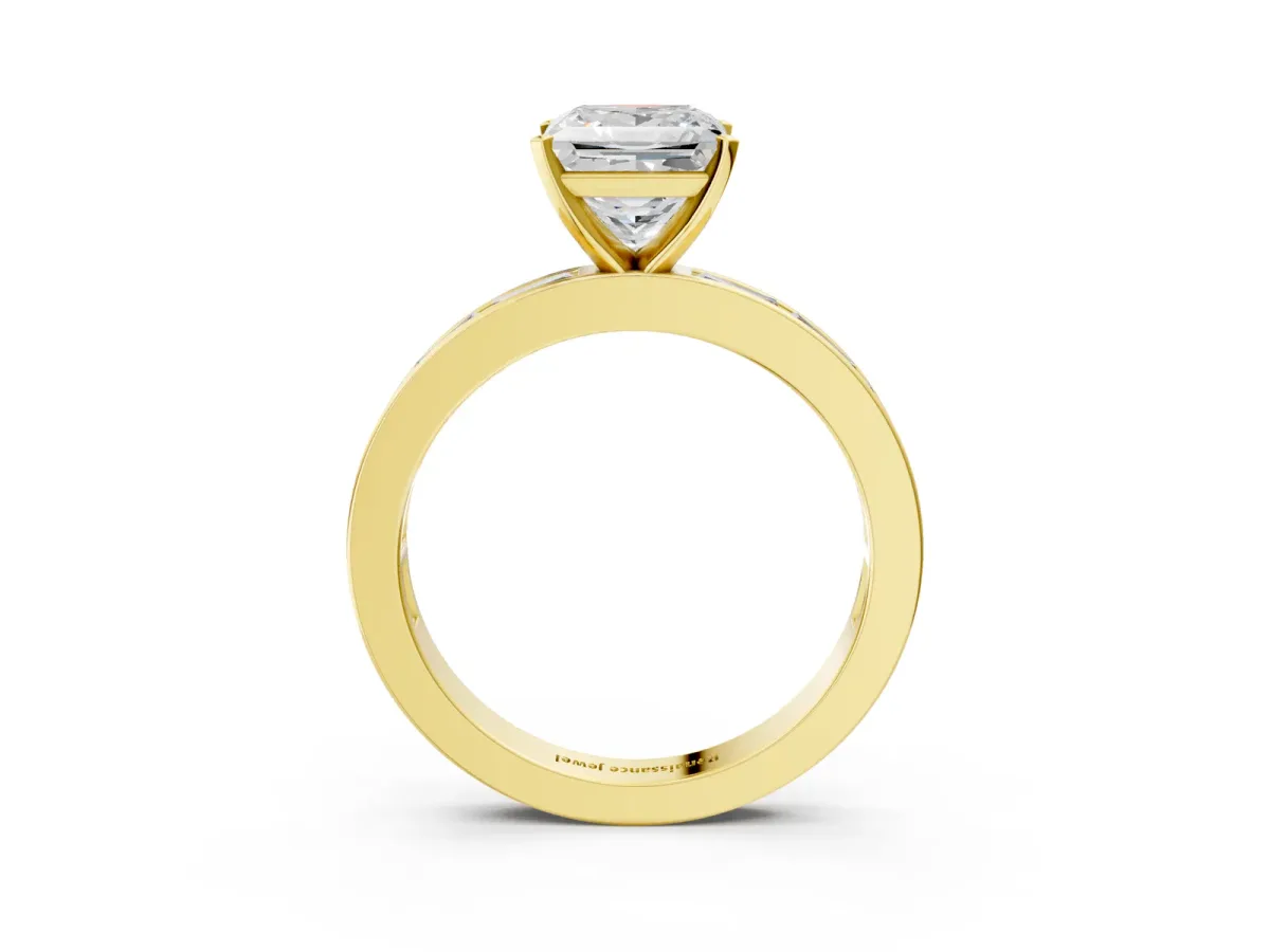 Princess Cut Solitaire Diamond Ring with Channel-Set Baguette Band and Four-Prong Setting Yellow gold