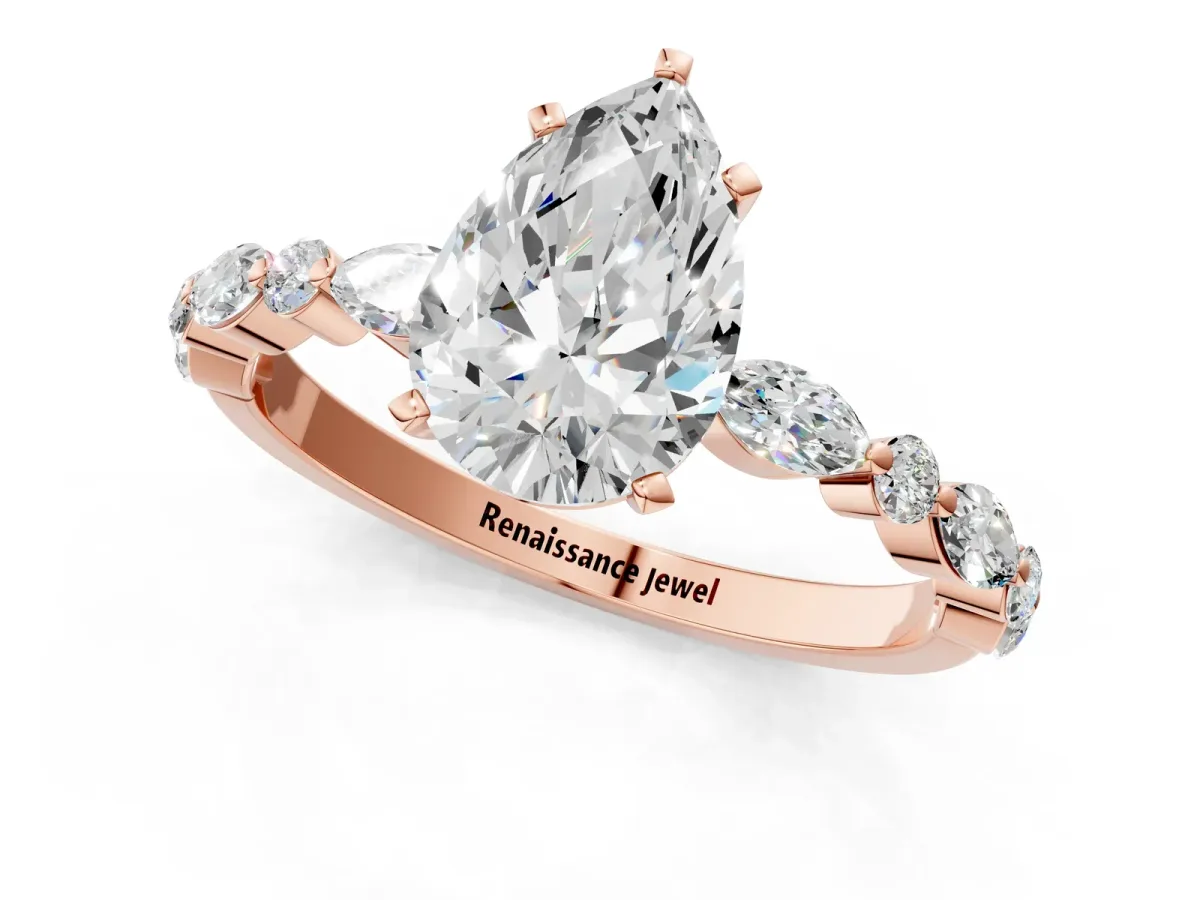 Pear Cut Diamond Ring with Marquise and Round Moissanite Side Stones and Four-Prong Setting Rose gold