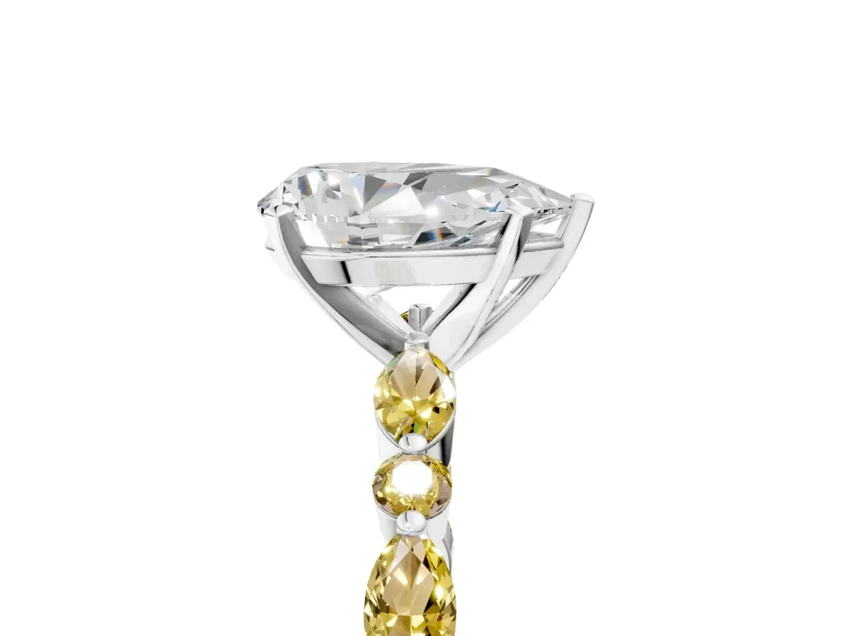 Pear Cut Diamond Ring with Marquise and Round Yellow Sapphire Side Stones and Four-Prong Setting White gold