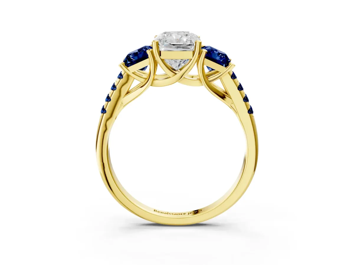 Three-Stone Radiant Cut Diamond Ring with Round Blue Sapphire Pavé Band and Prong Setting Yellow gold