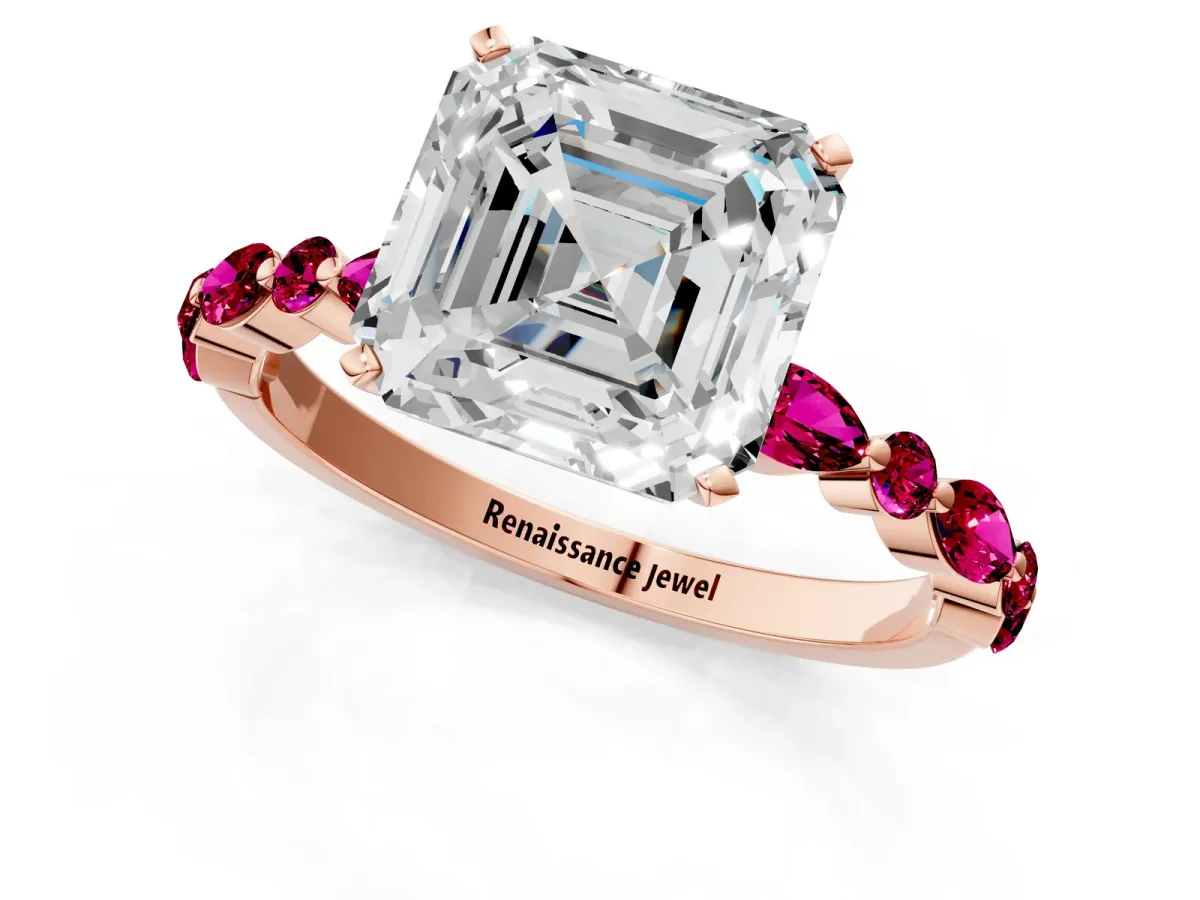 Asscher Cut Diamond Ring with Marquise and Round Garnet Side Stones and Four-Prong Setting Rose gold