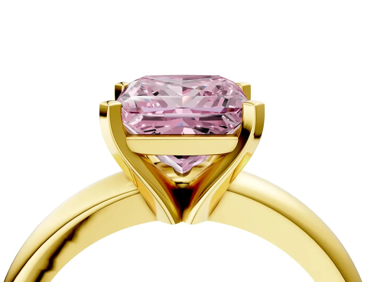 Fancy Pink Princess Cut Diamond Solitaire Engagement Ring with Round Band and Four-Prong Setting Yellow gold