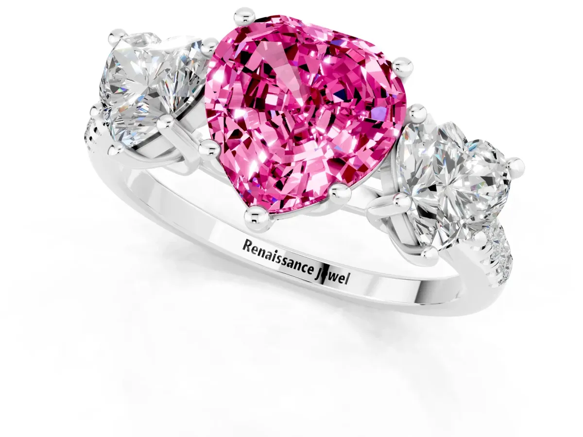 Three-Stone Heart Cut Pink Sapphire Ring with Round Pavé Band and Prong Setting White gold