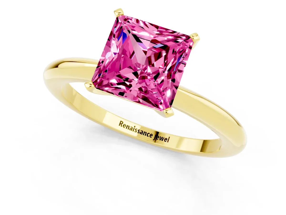 Princess Cut Pink Sapphire Solitaire Ring with Six-Prong Setting and Classic Band Yellow gold