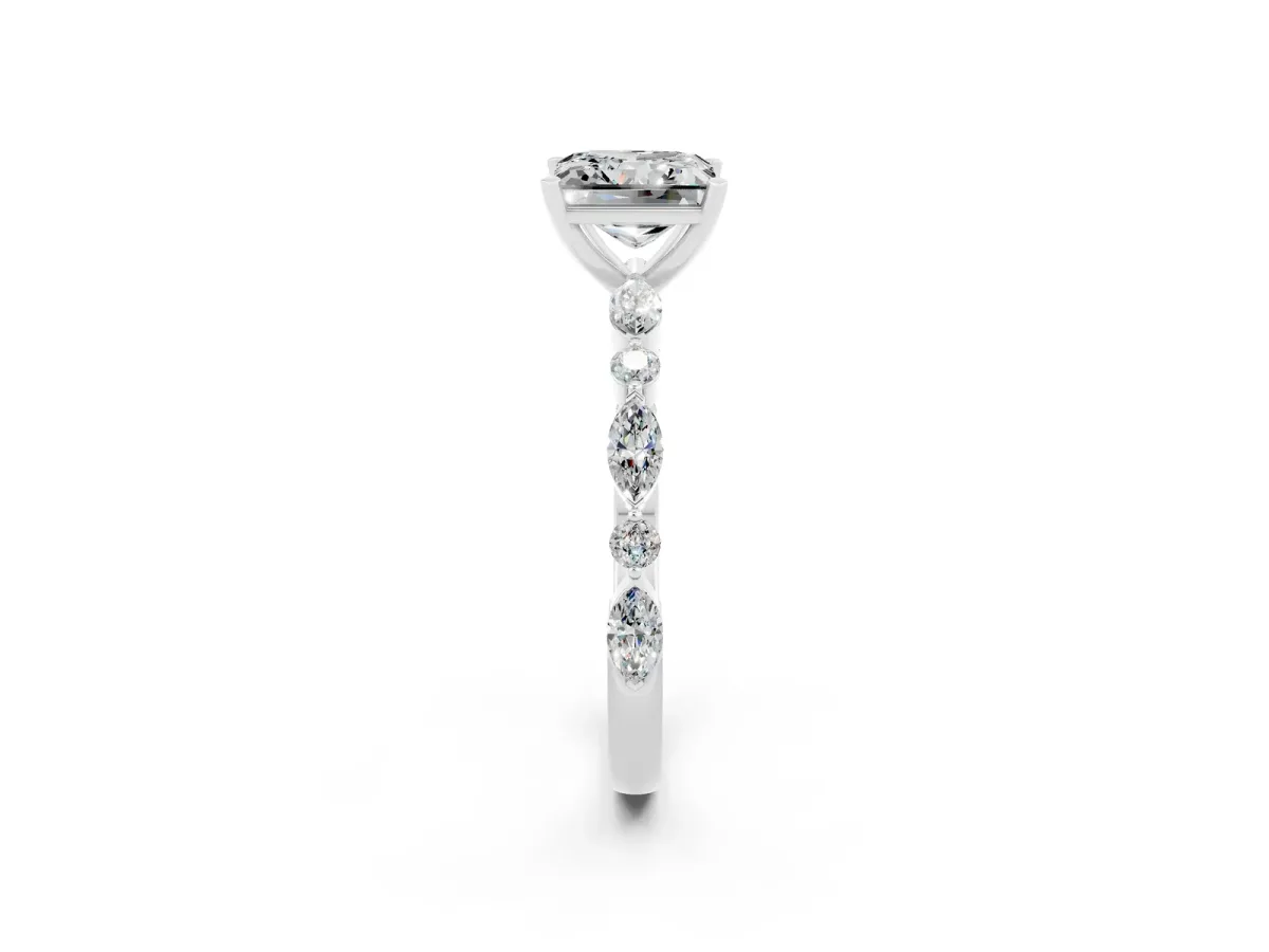Princess Cut Moissanite Ring with Marquise and Round Side Stones and Four-Prong Setting White gold