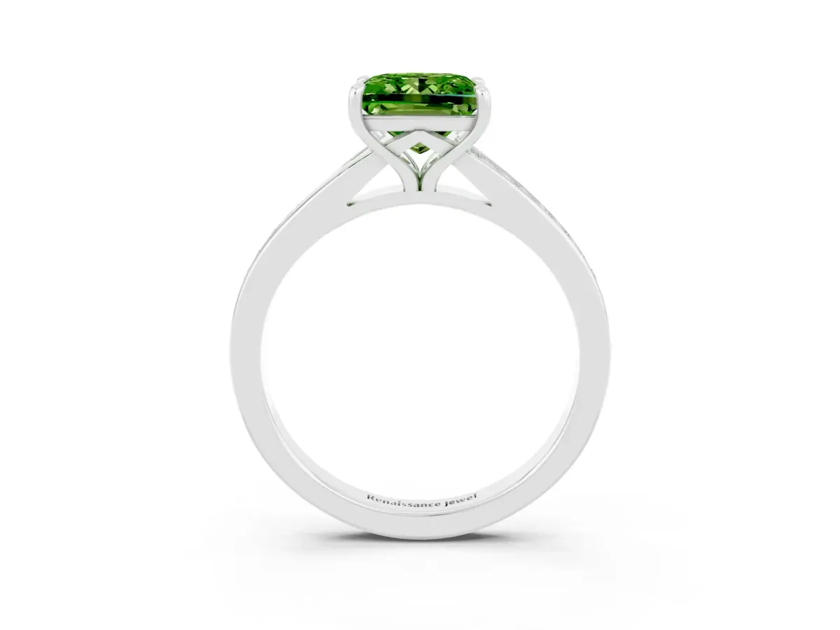 Princess Cut Peridot Solitaire Ring with Pavé Band and Prong Setting Silver